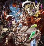  bat_wings battle blonde_hair clash duel flandre_scarlet grin hat moon multiple_girls polearm purple_eyes purple_hair red_eyes red_moon remilia_scarlet ross_(clumzero) short_hair siblings sisters smile spear spear_the_gungnir sword touhou weapon wings wrist_cuffs 