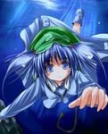  backpack bag blue_eyes blue_hair fishing_hook hat kawashiro_nitori short_hair solo touhou tsuzuri_(tuzuri) twintails two_side_up underwater 