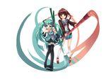  :&lt; absurdres aqua_hair art_brush artist_request crossover detached_sleeves genderswap genderswap_(mtf) giant_brush hatsune_miku highres kyonko long_hair multiple_girls non-web_source paintbrush skirt spring_onion suzumiya_haruhi_no_yuuutsu thighhighs twintails very_long_hair vocaloid 