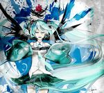  antenna_(draconian) aqua_hair blue_eyes crown detached_sleeves gloves hatsune_miku long_hair necktie skirt solo twintails very_long_hair vocaloid wings 
