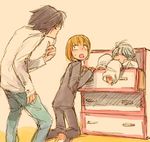  artist_request black_hair blue_eyes blush brown_hair child death_note drawer kneeling l_(death_note) lowres mello multiple_boys near pajamas sweat white_hair 