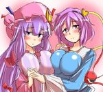  bad_id bad_pixiv_id blush breast_press breasts holding_hands impossible_clothes impossible_shirt komeiji_satori large_breasts multiple_girls patchouli_knowledge pink_eyes pink_hair purple_eyes purple_hair shirt sketch symmetrical_docking taut_clothes taut_shirt touhou yamane_akira 