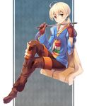  ahoge blonde_hair blush boots brown_eyes cape final_fantasy final_fantasy_tactics jikunyaga long_hair male_focus otoko_no_ko ponytail ramza_beoulve smile solo thigh_boots thighhighs 