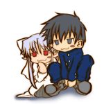  1girl :3 bad_id bad_pixiv_id chibi lowres melty_blood nanaya_shiki pointy_ears red_eyes ribbon silver_hair sitting tententensan toono_shiki tsukihime white_hair white_len 