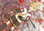  blonde_hair blue_eyes cable detached_sleeves headphones hekicha kagamine_len lying male_focus necktie petals scarf shorts solo vocaloid yellow_neckwear 