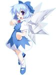  blue_eyes blue_hair bow cirno hair_bow hand_on_hip mary_janes one_eye_closed shoes short_hair solo touhou wings yamano_sachi 