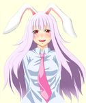 animal_ears arms_behind_back blush bunny_ears happy highres long_hair looking_at_viewer necktie open_mouth pink_neckwear purple_hair red_eyes reisen_udongein_inaba shirt simple_background smile solo touhou white-aster yellow_background 