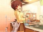  blush brown_hair cat fang gagraphic kitchen open_mouth school_uniform shigatake short_hair skirt solo surprised wallpaper 