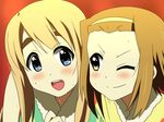  blonde_hair blue_eyes blush brown_eyes brown_hair hairband k-on! kotobuki_tsumugi long_hair multiple_girls one_eye_closed short_hair smile supon sweat tainaka_ritsu yellow_hairband 