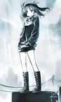  black_hair black_rock_shooter black_rock_shooter_(character) boots hair_ribbon hands_in_pockets highres monochrome pino_(birthdayparty) power_lines ribbon solo standing sweater twintails 