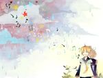  1girl bad_id bad_pixiv_id blonde_hair brother_and_sister closed_eyes hair_ribbon holding_hands kagamine_len kagamine_rin mig_(36th_underground) music musical_note necktie ribbon sailor_collar short_hair siblings singing twins vocaloid yellow_neckwear 