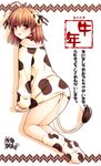  2009 akeome animal_print antenna_hair asami_asami bare_shoulders bell clannad cow_print cow_tail furukawa_nagisa hair_ribbon happy_new_year horns kotoyoro new_year ribbon shirt_tug socks solo sweater tail 