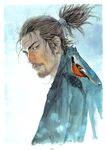  absurdres animal animal_on_shoulder artbook bird bird_on_shoulder highres male_focus miyamoto_musashi scan scar solo takehiko_inoue vagabond 