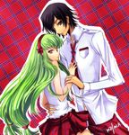  1girl c.c. code_geass couple green_hair headband hetero holding lelouch_lamperouge long_hair meimi_k necktie ribbon skirt 