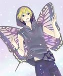  bad_id bad_pixiv_id blonde_hair butterfly_wings casual green_eyes hands kagamine_len male_focus promotions snow solo suji vocaloid wings 