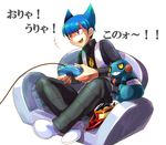  bad_id bad_pixiv_id blue_hair chair chips controller croagunk food game_controller gamepad gen_4_pokemon happy male_focus playing_games pokemon pokemon_(creature) potato_chips saturn_(pokemon) team_galactic toudou_charo translated uniform video_game 