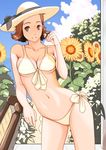  bad_id bad_pixiv_id bikini breasts brown_eyes brown_hair cleavage day flower front-tie_top hat medium_breasts nanahime navel original side-tie_bikini solo striped striped_bikini sunflower swimsuit underboob 