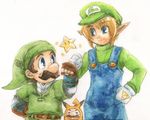  belt blonde_hair blue_eyes blue_overalls brown_belt brown_hair color_connection company_connection cosplay costume_switch cross-laced_clothes crossover facial_hair fist_bump gen_1_pokemon gloves green_hat hat kobachi link link_(cosplay) luigi luigi_(cosplay) male_focus mario mario_(series) multiple_boys multiple_crossover mustache nintendo overalls pikachu pikachu_(cosplay) pikachu_costume pointy_ears pokemon pokemon_(game) single_letter smile source_request starman_(mario) super_mario_bros. super_smash_bros. the_legend_of_zelda traditional_media triforce tunic white_background white_gloves |_| 