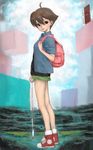  ahoge bad_id bad_pixiv_id bag brown_hair door fishing_line pon shoes short_hair shorts sleeves_rolled_up smile sneakers solo umihara_kawase umihara_kawase_(character) 