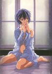  artist_request ayanami_rei barefoot blue_hair dress_shirt highres naked_shirt navel neon_genesis_evangelion red_eyes scan shirt short_hair solo 