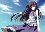  absurdres black_hair blue_eyes brown_hair cloud day dress garden_(game) highres kasuga_sakurako long_hair nanao_naru sky solo 