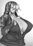  breasts gigantic_breasts greyscale highres hood hoodie kurokagami_ryuuko long_hair monochrome no_bra open_clothes open_hoodie otogi_tetsurou sideboob solo 