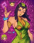  3girls armband artist_name bare_shoulders blue_eyes breasts chibi chibi_inset cleavage closed_mouth commentary condom cone_hair_bun double_bun dreadlocks english_commentary ermes_costello facial_mark foo_fighters_(jojo) green_hair green_lips green_vest grey_eyes hair_bun hair_ornament hairclip hatidraw holding holding_condom holding_sticker jojo_no_kimyou_na_bouken kiss_(stand) kujo_jolyne large_breasts lipstick long_hair makeup multiple_girls multiple_hairclips one_eye_closed open_mouth pink_background short_hair sleeveless sleeveless_turtleneck sticker stone_ocean sweater turtleneck turtleneck_sweater upper_body vest watermark wristband 