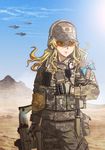  aircraft airplane alice_(wonderland) ammunition_pouch assault_rifle baseball_cap blonde_hair body_armor cloud combat_knife commentary compass desert eotech f-22_raptor fighter_jet fn_scar gun hat headset holster jet knife kws lens_flare load_bearing_vest long_hair looking_away military military_vehicle original plate_carrier pouch push-to-talk_device rifle sky solo sunglasses war weapon 