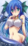  aqua_eyes arm_support blue_eyes blue_hair breasts crop_top finger_to_mouth head_fins large_breasts long_hair looking_at_viewer madou_monogatari mermaid midriff monster_girl navel off_shoulder puyopuyo seriri_(puyopuyo) solo wavy_hair yamu_(reverse_noise) 