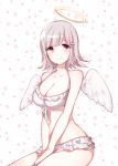  1girl angel angel_wings arms_between_legs bare_arms bare_shoulders bikini bikini_bottom bikini_top breasts collarbone commentary_request danganronpa dasulchan eyebrows_visible_through_hair feathered_wings flipped_hair hair_ornament hairclip halo large_breasts light_brown_hair looking_at_viewer mole mole_on_breast nanami_chiaki pink_eyes short_hair simple_background sitting smile solo super_danganronpa_2 swimsuit white_bikini white_wings wings 