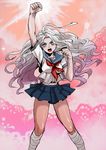  bad_id bad_pixiv_id bandages blue_eyes blue_sailor_collar clenched_hands danganronpa danganronpa_1 illa oogami_sakura open_mouth pantyhose sailor_collar school_uniform serafuku sparkle white_hair younger 