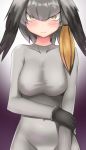  1girl 3: bangs black_gloves black_hair blush bodystocking breasts closed_mouth covered_collarbone covered_navel cowfee erect_nipples eyebrows_visible_through_hair fingerless_gloves gloves grey_hair groin hair_between_eyes hand_on_own_arm highres kemono_friends long_hair long_sleeves looking_at_viewer low_ponytail medium_breasts multicolored_hair orange_eyes orange_hair shoebill_(kemono_friends) side_ponytail slit_pupils solo upper_body 
