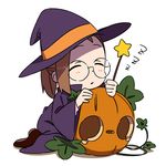  brown_hair closed_eyes fujiwara_hazuki glasses hat long_hair ojamajo_doremi ponytail pumpkin round_eyewear simple_background sleeping solo star takken_(kupipo) wand white_background witch_hat zzz 