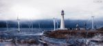  cloud day highres lighthouse no_humans ocean original outdoors scenery shipwreck sky water wind_turbine windmill yu-kun 