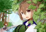  bad_id bad_pixiv_id brown_eyes brown_hair folded_ponytail food forest fruit ikazuchi_(kantai_collection) inazuma_(kantai_collection) kantai_collection katori_(quietude) leaf lowres multiple_girls nature open_mouth plant rake river short_hair smile sunlight tree water watermelon |_| 