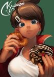  1girl asahina_aoi blue_eyes breasts brown_hair commentary_request danganronpa danganronpa_1 dark_skin doughnut eyebrows_visible_through_hair face food from_below green_background hair_ornament hairclip holding holding_food jacket large_breasts looking_at_viewer nyuukazai open_clothes open_jacket red_jacket shirt short_hair signature simple_background solo white_shirt 