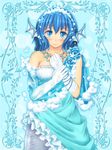  animal_ears bare_shoulders blue_eyes blue_hair blush breasts dress elbow_gloves gloves head_fins hozenkakari looking_at_viewer medium_breasts mermaid monster_girl revision short_hair smile solo touhou wakasagihime white_gloves 