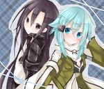  1girl aqua_hair bad_id bad_pixiv_id black_eyes black_hair blue_eyes kirito kirito_(sao-ggo) long_hair otoko_no_ko scarf short_hair sinon sword_art_online yamine_kuro 