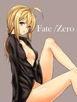  ahoge aqua_eyes artoria_pendragon_(all) bare_legs blonde_hair breasts commentary_request copyright_name derivative_work fate/zero fate_(series) grey_background harino646 long_hair open_clothes open_shirt ponytail saber shirt sidelocks small_breasts solo 