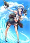  aa_gun are_(gunnersbloom) beret blue_eyes blue_hair breasts cannon cloud day double_bun elbow_gloves gloves gun hat highres kantai_collection lips long_hair medium_breasts ocean pleated_skirt school_uniform serafuku skirt sleeves_rolled_up smile solo torpedo urakaze_(kantai_collection) water weapon white_gloves white_hat white_legwear yellow_neckwear 