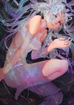  bandeau barefoot blue_hair breasts commentary english_commentary karasu-san_(syh3iua83) legs long_hair looking_at_viewer medium_breasts milky_way multicolored multicolored_eyes original partially_submerged ripples smile solo star_(sky) swimsuit thighs very_long_hair 