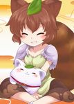  :3 ^_^ animal_ears aoi_tobira blush brown_hair closed_eyes futatsuiwa_mamizou grin highres indian_style leaf leaf_on_head no_eyewear raccoon_ears raccoon_tail sitting smile tail touhou younger 