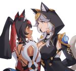  2girls absurdres animal_ear_fluff animal_ears animal_hood aragiken black_hair blue_eyes breasts cat_ears cat_girl cat_hood cat_tail cipher_(honkai:_star_rail) cleavage clothing_cutout commentary commission crossover dark-skinned_female dark_skin detached_sleeves english_commentary flustered grey_hair grin hair_ribbon hand_on_another's_chin highres honkai:_star_rail honkai_(series) hood large_breasts leotard looking_at_another mihoyo multicolored_hair multiple_girls nekomiya_mana ponytail ribbon sidelocks smile strap streaked_hair tail tail_raised upper_body yuri zenless_zone_zero 