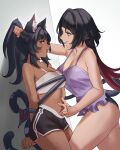  2girls absurdres animal_ear_fluff animal_ears aragiken artist_name black_hair black_panties black_shorts blush bound breasts camisole cat_ears cat_girl cat_tail commentary commission dark-skinned_female dark_skin dolphin_shorts english_commentary english_text grabbing_another's_hair hand_on_another's_stomach highres holding_another's_hair jane_doe_(zenless_zone_zero) large_breasts leg_between_thighs long_hair looking_at_another mouse_ears mouse_girl mouse_tail multicolored_hair multiple_girls multiple_tails nekomiya_mana open_mouth panties red_eyes restrained shorts sideways_glance smile stomach sweat tail tail_around_another's_waist tail_wrap thick_thighs thighs two_tails underwear yuri zenless_zone_zero 