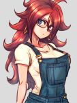  1girl android_21 blue_eyes brown_hair dragon_ball dragon_ball_fighterz earrings glasses hoop_earrings jewelry long_hair looking_at_viewer shirt st62svnexilf2p9 