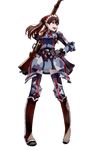  alicia_melchiott armor boots breastplate brown_eyes brown_hair elbow_pads faulds full_body gloves gun hand_on_hip highres holding holding_gun holding_weapon honjou_raita knee_boots knee_pads military military_uniform official_art rifle senjou_no_valkyria senjou_no_valkyria_1 skirt solo thighhighs transparent_background twintails uniform weapon zettai_ryouiki 
