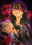  akemi_homura black_hair blood braid crying crying_with_eyes_open desert_eagle flower glasses gun hairband handgun highres long_hair magical_girl mahou_shoujo_madoka_magica pistol purple_eyes red-framed_eyewear semi-rimless_eyewear shield solo spider_lily sukocchi_moruto tears twin_braids under-rim_eyewear weapon 