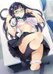  black_hair black_legwear bra breasts brown_eyes clothes_lift covered_nipples danshi_koukousei_de_urekko_light_novel_sakka_wo_shiteiru_keredo_toshishita_no_classmate_de_seiyuu_no_onna_no_ko_ni_kubi_wo_shimerareteiru glasses green-framed_eyewear hair_ornament inato_serere knee_up kneehighs long_hair looking_at_viewer lying navel nipple_slip nipples nitadori_eiri no_shoes on_back on_table open_clothes panties panties_around_one_leg partially_undressed pink_bra skirt small_breasts smile socks solo sweat sweater sweater_lift table underwear 