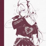  1girl alt_text anarchy_symbol arknights back bandaid belt bite_mark black_shirt blush bracelet bruise caffichai chain closed_mouth collar commentary crop_top ear_piercing english_commentary fang fingerless_gloves flying_sweatdrops from_behind gloves hair_intakes highres horns injury jewelry long_hair looking_back muscular paper_texture partially_colored pentagram piercing pleated_skirt pointy_ears puff_of_air purple_eyes shirt skin_fang skirt skull skull_and_crossbones skull_print solo spiked_belt spiked_bracelet spiked_collar spikes surtr_(arknights) two-tone_background upper_body wallet_chain white_background 