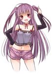  :d ahoge blush choker detached_sleeves eighth hand_on_hip highres long_hair looking_at_viewer midriff navel oota_yuuichi open_mouth purple_eyes purple_hair shinjou_hikaru shorts simple_background smile solo two_side_up white_background 